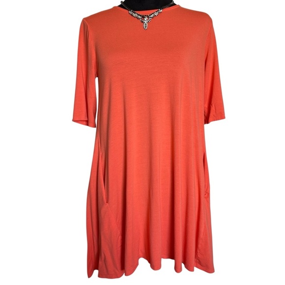 Eileen Fisher Woman’s Small Vibrant Coral Half Sleeve Ruffled Dress - Picture 2 of 6